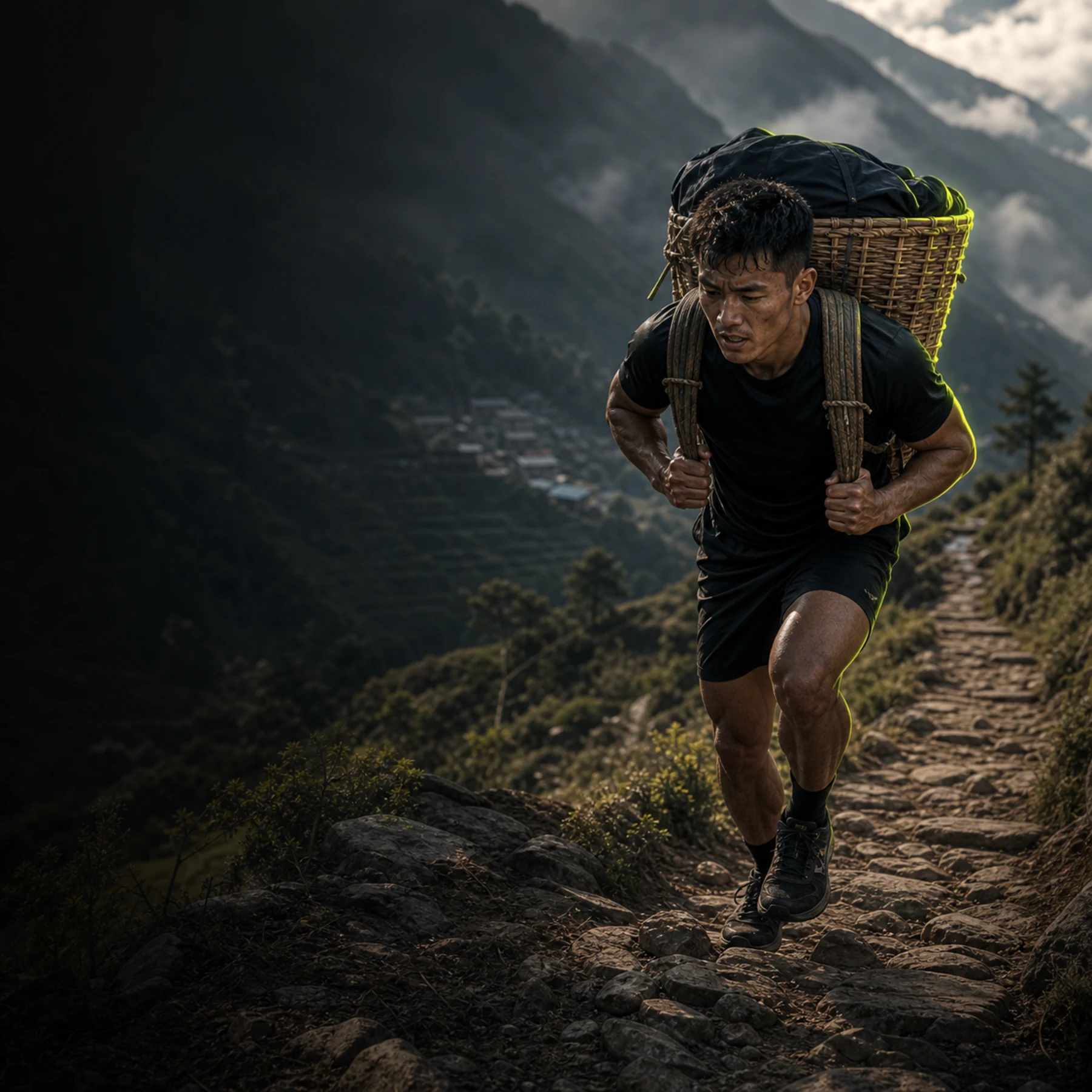 Gurkha doko carry training in the Himalayas