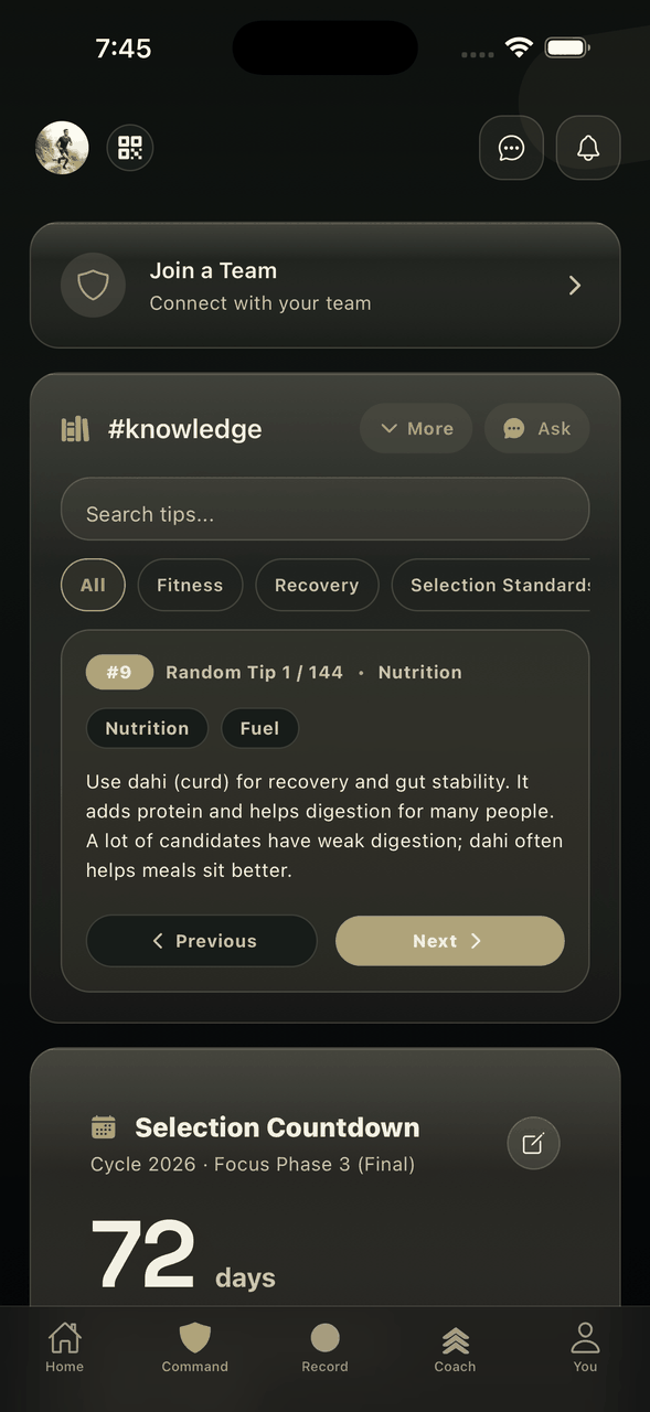 Gurkha Fit home dashboard